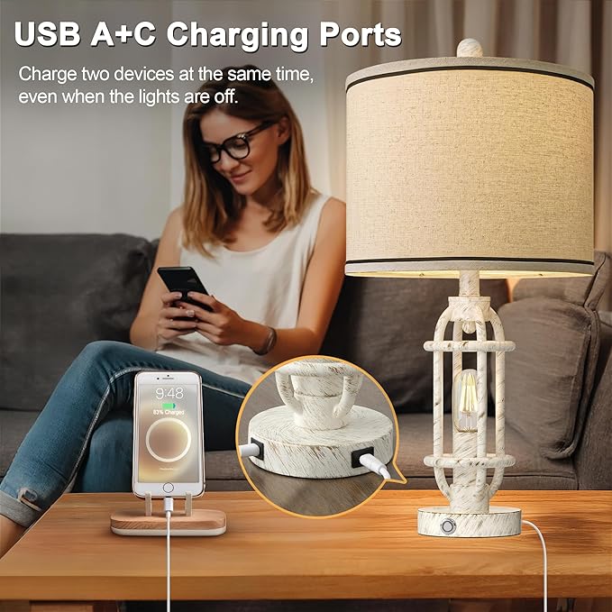 23.75'' Table Lamps Set of 2 for Living Room Bedroom Industrial Farmhouse Metal Touch Lamps with USB A+C Ports, Night Light Vintage Nightstand Bedside Lamp, Bulbs Included, White - Bloomnest