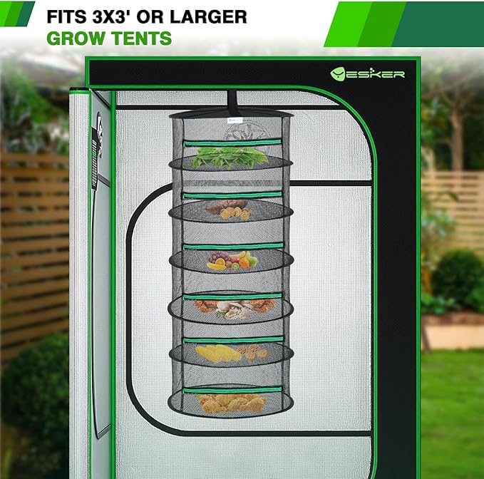 Yesker 6 Layer Herb Drying Rack Hanging Mesh Net Foldable Plant Drying Racks 24" Diameter with Green Zipper & Hook Dryer Hanging Rack for Herbs Seed Bud Fruit Clothes Grow Tent Closets Garden Outdoor - Bloomnest