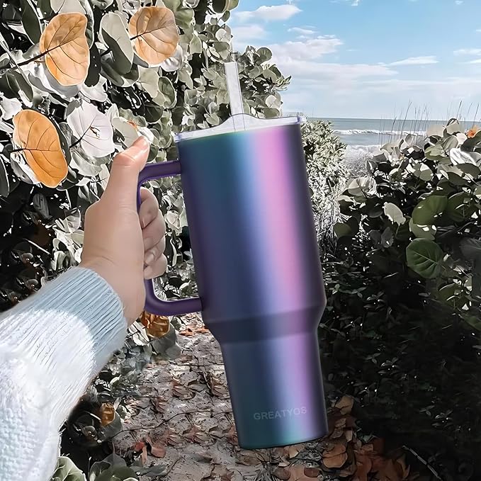 40 oz Tumbler with Handle and Straw Lid Insulated Tumblers Cups with Lids Straws Double Wall Vacuum Leak Proof Stainless Steel 40oz Tumbler Travel Mug Gifts for Men Women Him Her (Aurora) - Bloomnest