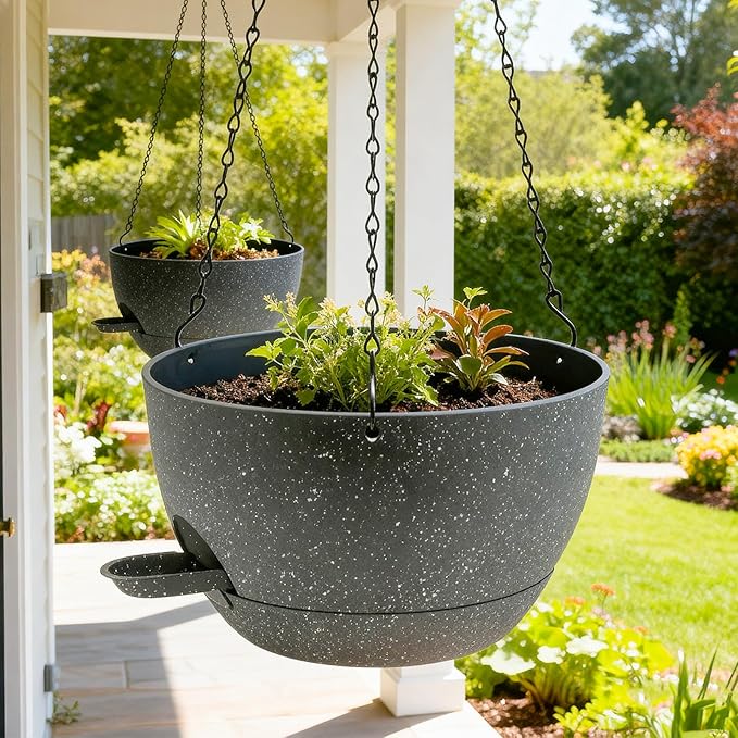 WOUSIWER Self Watering Hanging Planters, 2 Pack 10'' Plastic Pots with Drainage Holes & Reservoir Tray (Speckled Grey) | Indoor & Outdoor Use for Ferns, Ivy, Herbs, Succulents - Bloomnest