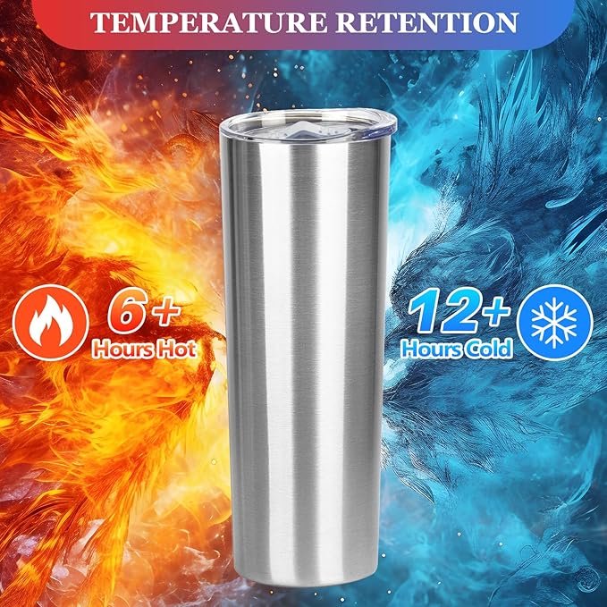 20 oz Skinny Tumblers with Lid and Straw,Stainless Steel Vacuum Insulated Tumbler Cup Double Wall Travel Coffee Mug, Thermal Water Tumbler for Hot and Cold Drinks(Silver,8) - Bloomnest
