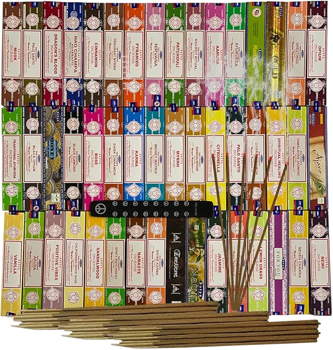 Satya Incense Sticks Variety Pack of 12 Randomly Selected Fragrances and Incense Stick Holder Bundle Total 180 Sticks TRUMIRI