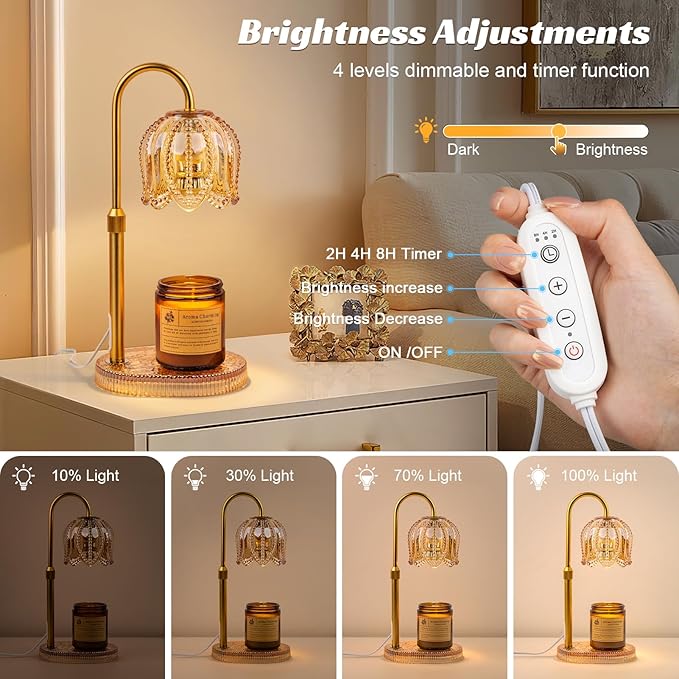 Petal Candle Warmer Lamp with Timer & Dimmable Light Champagne Gold - Adjustable Height Jar Melter on Crystal Glass Base, Home Decor Gift Set (Includes 2 Bulbs) - Bloomnest