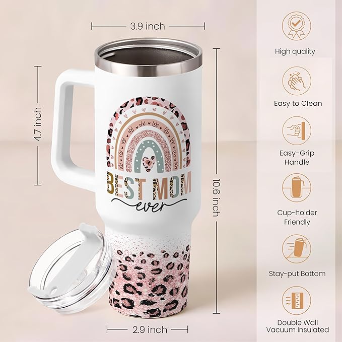 Mom Gifts for Women Mom Nutrition Facts Tumbler Stainless Steel 40oz with Handle Insulated Travel Cup Best Mom Ever Coffee Cup, Mother's Day Christmas Birthday Gifts from Son Daughter - Bloomnest