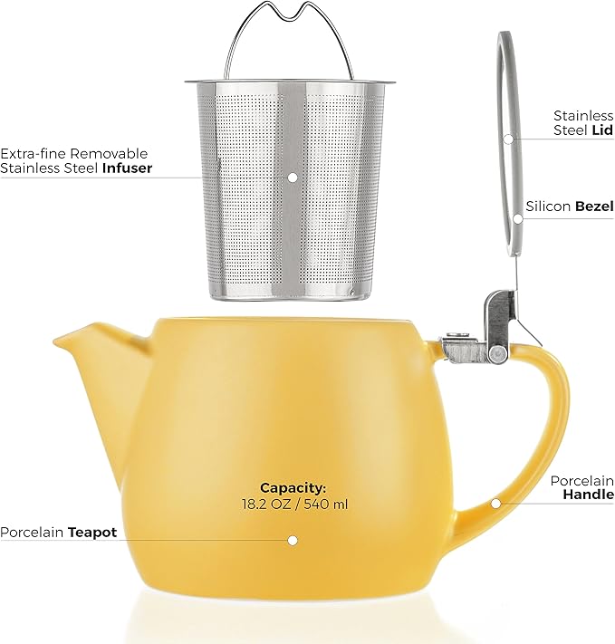 Tealyra - Pluto Porcelain Small Teapot Yellow - 18.2-ounce (1-2 cups) - Matte Finish - Stainless Steel Lid and Extra-Fine Infuser To Brew Loose Leaf Tea - 540ml - Bloomnest