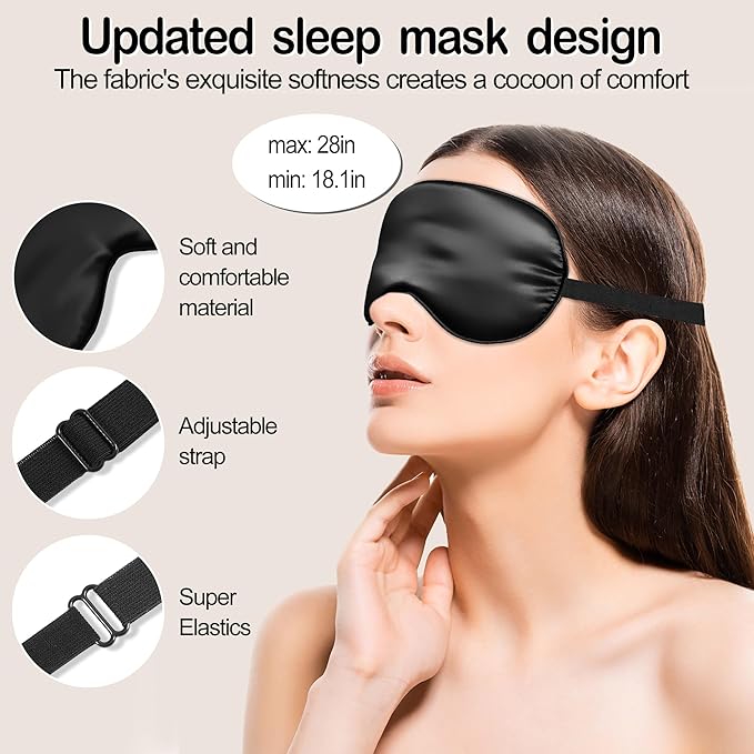 Sleep Mask Silk Eye Mask for Sleeping, Eye Cover Soft Satin Blindfold Adjustable Strap, Satin Blackout for Men & Women, Super Soft Eyeshade for Night Sleeping (Black) - Bloomnest