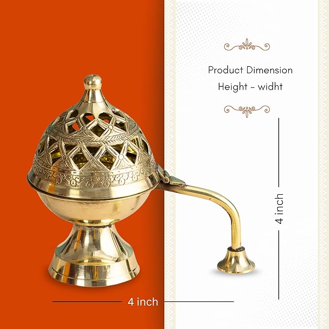 Brass Dhoop Dani with Handle for Puja | Traditional Brass Incense Burner with Dome Lid | Decorative Dhoop Holder for Temple, Home & Spiritual Use | 5 Inch (4 x 4) - Bloomnest