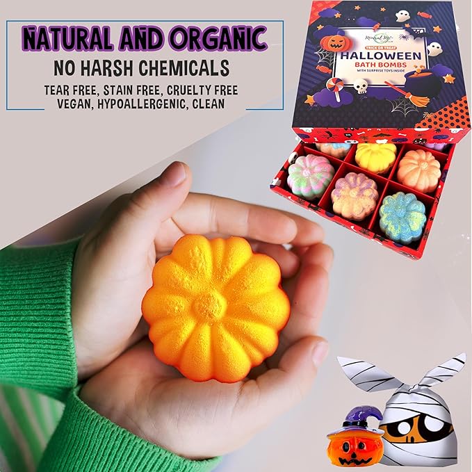 Bath Bombs for Kids with Surprise Toys Inside - Set of 9 Organic Halloween Bath Bombs, Gentle and Safe - Fizzy Balls with Rainbow Bubbles, Halloween Gifts for Kids - Bloomnest