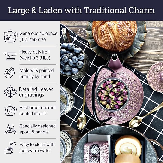 Large Japanese Cast Iron Teapot Capacity 40Oz with Trivet and Loose Leaf Tea Infuser, Cast Iron Tea Kettle Stovetop Safe. Tetsubin Coated with Enamel Interior - Purple Teapot