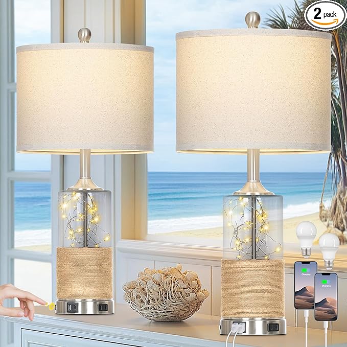25" Coastal Glass Lamps Set of 2, Touch Control 3-Way Dimmable Night Light Modern Table Lamp with USB A+C Ports & AC Outlets Linen Fabric Shade for Living Room Bedroom Silver Ocean(LED Bulbs Included) - Bloomnest