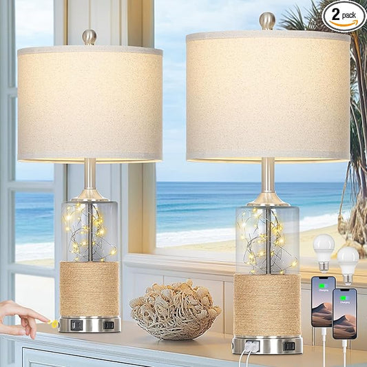 25" Coastal Glass Lamps Set of 2, Touch Control 3-Way Dimmable Night Light Modern Table Lamp with USB A+C Ports & AC Outlets Linen Fabric Shade for Living Room Bedroom Silver Ocean(LED Bulbs Included) - Bloomnest