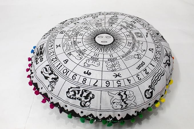 CRAFT KALA Large Round Bohemian Floor Pillow Pouf Cover Mandala Meditation Room Pillow Cover for Adults Boho Seating Poufs Cushion Cover for Kids Playroom 32" Round Black Zodiac - Bloomnest