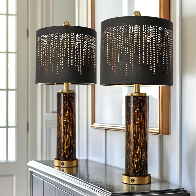 Oneach 27.75" Modern Table Lamps Set of 2, Gold Bedside Lamp with Leopard Glass Nightlight, USB A+C, Black Crystal Shade, Unique Desk Lamps for Living Room, Bedroom, Nightstand (2 Bulbs Included) - Bloomnest