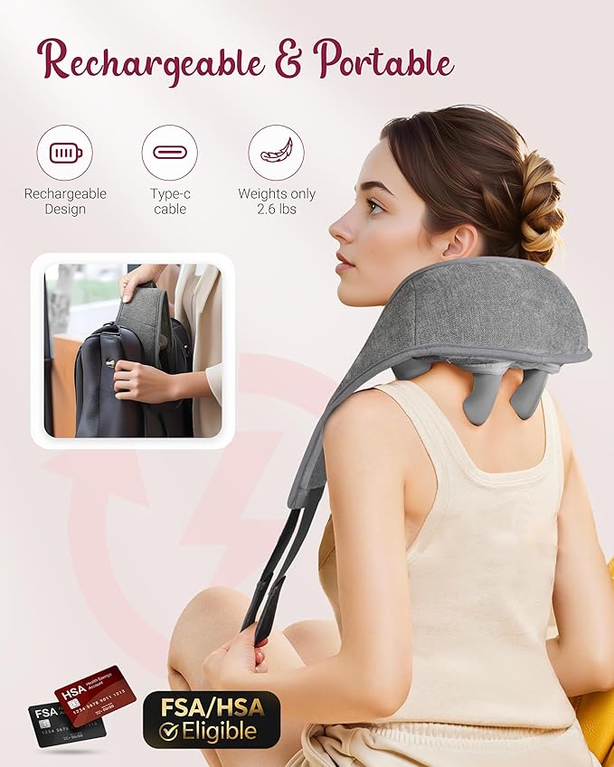 Cordless Neck Massager with Heat - FSA Eligible HSA Neck Shoulder Massager for Pain Relief Deep Tissue,6D Deep Kneading Shiatsu Back Massage, Gifts for Fathers Men Women - Bloomnest