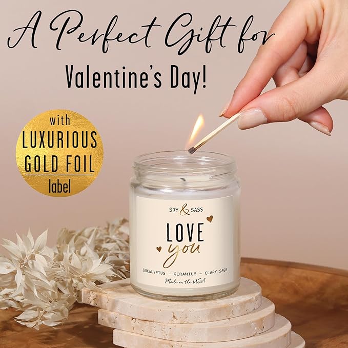 Valentines Day Gifts for Her, Valentine Candles -I Love You Candle, w/Eucalyptus & Geranium I I Love You Gifts for Her I Valentines Day Candle for Wife, Girlfriend I 9oz, 50Hr Burn, USA Made - Bloomnest