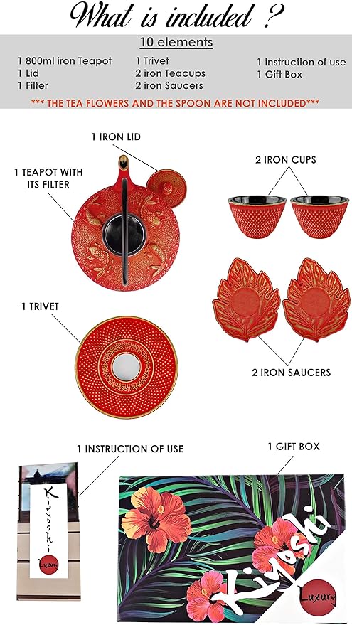 7PC Japanese Tea Set."Red Koi" Cast Iron Tea Pot with 2 Tea Cups, 2 Saucers, Tea Infuser and Teapot Trivet. Ceremonial Matcha Accessories