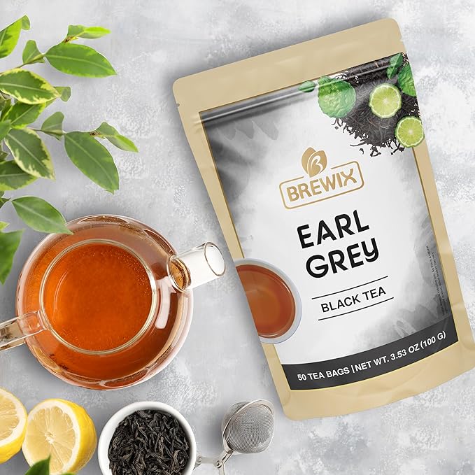 BREWIX, Earl Grey Black Tea Bags (50 Pyramid Bags) Bold & Aromatic Tea with Bergamot | Gluten Free, Energizing & Caffeinated | Sugar-Free, High Caffeine | Gourmet Tea - Bloomnest