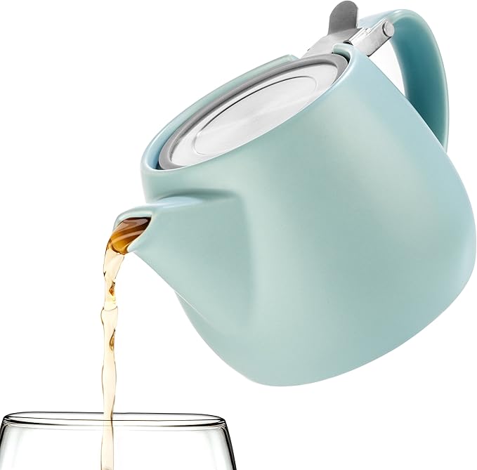 Tealyra - Pluto Porcelain Small Teapot Turquoise - 18.2-ounce (1-2 cups) - Matte Finish - Stainless Steel Lid and Extra-Fine Infuser To Brew Loose Leaf Tea - 540ml - Bloomnest