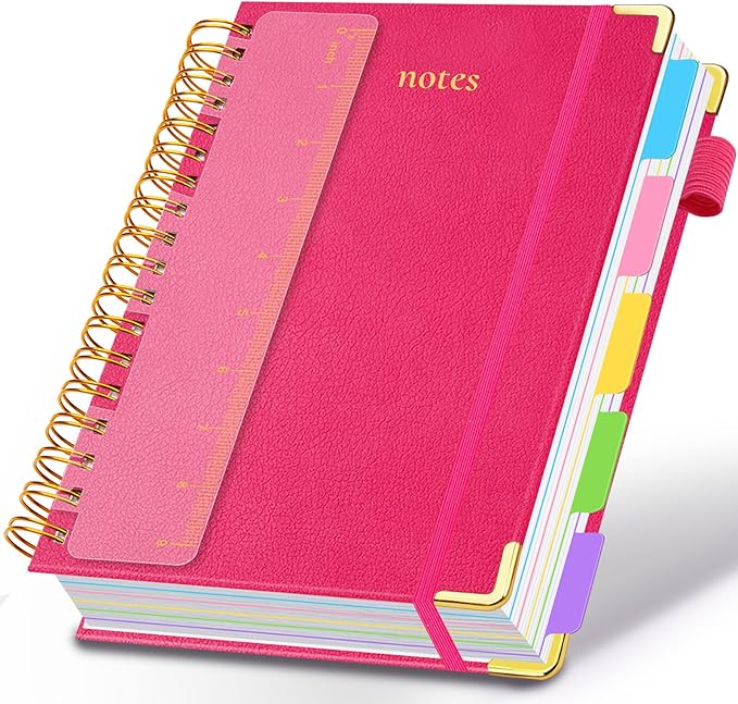 Hardcover Spiral Notebook 8.5"x11" Journal Notebook with Tabs and Removable Dividers 300 Pages 5 Subject Notebook College Ruled, Faux Leather Spiral Bound Notebook for Women School Work (Rose Red) - Bloomnest