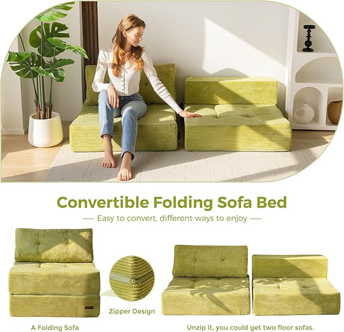 MAXYOYO Folding Sofa Bed, Convertible Sofa Bed with High-Density Support Foam, Portable 4 in 1 Fold Out Chair to Floor Lounger, Versatile Floor Couch for Living Room Bedroom, Green - Bloomnest