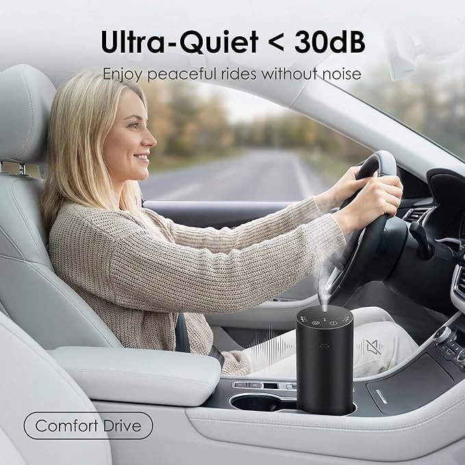 Car Diffuser, Waterless Essential Oil Diffuser with 2000mAh Battery & Timer, Adjustable Mist Cordless Aromatherapy for Car, Portable Air Freshener with Premium Aluminum Alloy & Type-C Charging (Black) - Bloomnest