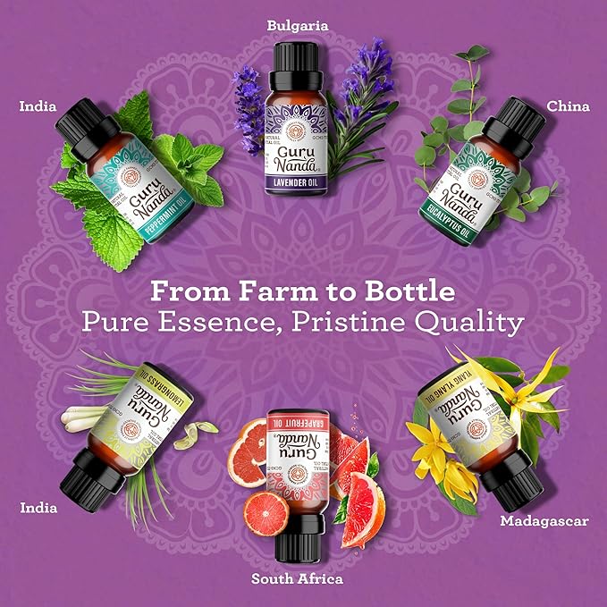 GuruNanda Essential Oils Set for Diffusers, 100% Pure, Aromatherapy, Massage, Candle & Soap Making Lavender, Peppermint, Eucalyptus, Grapefruit, Lemongrass, Ylang Ylang 0.33 Fl Oz (Pack of 6) - Bloomnest