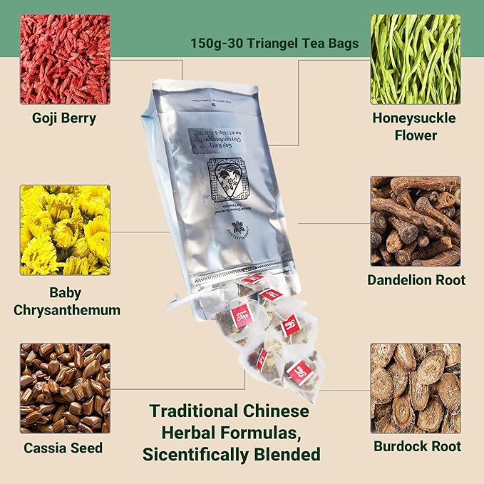ADMIRINGAZELAND Goji Berry Chrysanthemum Tea Bags, 30 Count - Pyramid Teabags, 6 Ingredients - Dandelion Root, Wolfberry, Cassia Seed, Honeysuckle, Burdock - Chinese Herbal for Office & Home, 5.3 oz - Bloomnest