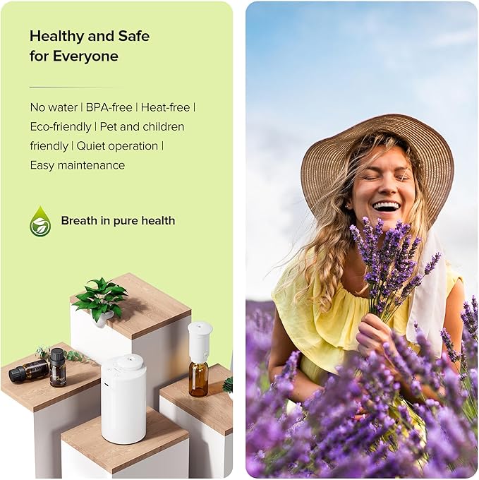 Waterless Essential Oil Diffuser for Home Aromatherapy Car Nebulizing Diffuser Battery Operated 5-20mL Mini Scent Air Machine Up to 600 Sq.Ft. 4Timer 3 Mist-Level (AN7 White) - Bloomnest