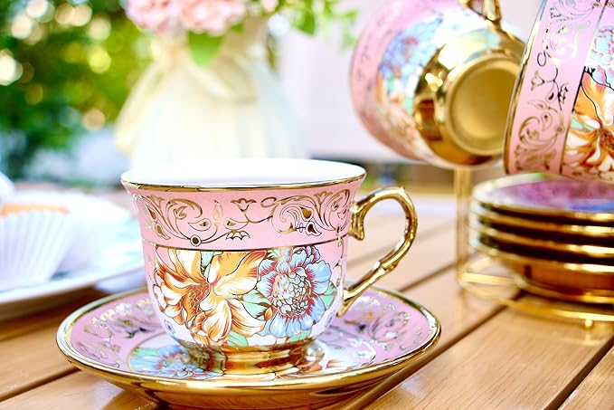 20 Pieces Porcelain Tea Set With Metal Holder, European Ceramic tea set for adults,Flower Tea Set,Tea Set For Women With Flower Painting (Large version, yellow) - Bloomnest
