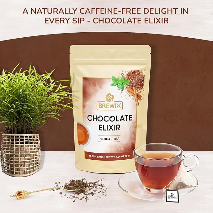 BREWIX, Chocolate Rooibos Herbal Tea (15 Pyramid Tea Bags) | Rich Red Tea with Cocoa, Cinnamon & Mint | Naturally Caffeine-Free | Dessert-Inspired Wellness Blend | Soothing Red Tea for Evening Comfort - Bloomnest