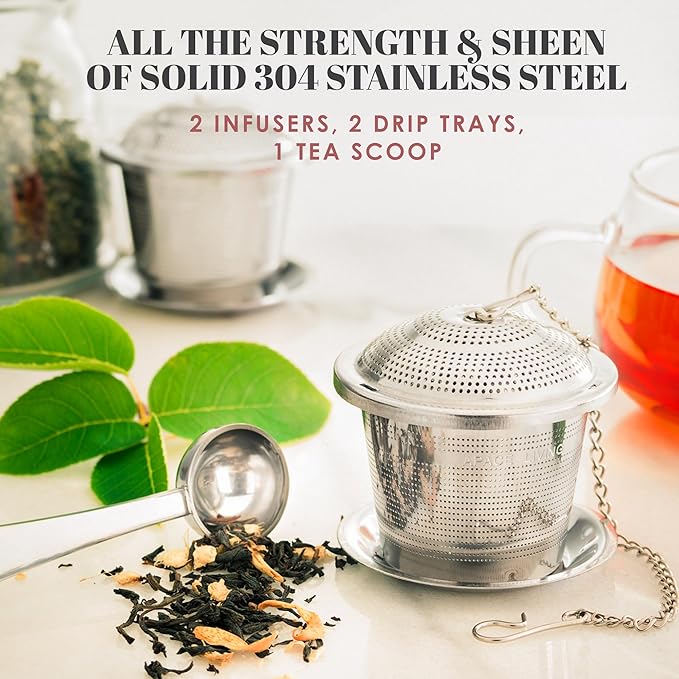 Large Tea Infuser (Set of 2) with Tea Scoop and Drip Trays by Apace – Multi Cup Size Stainless Steel Loose Leaf Tea Strainer and Steeper - Bloomnest