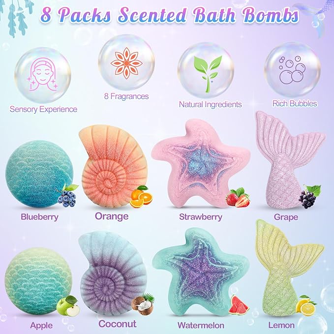 Mermaid Bath Bombs for Kids with Surprise Toys Inside, 8 Pcs Organic Natural Bubble Bath Bombs for Girls,Christmas Birthday Gift for 3 4 5 6 7 8 Year Old Girl,Princess Bath Bomb Kit with Mermaid Toys - Bloomnest