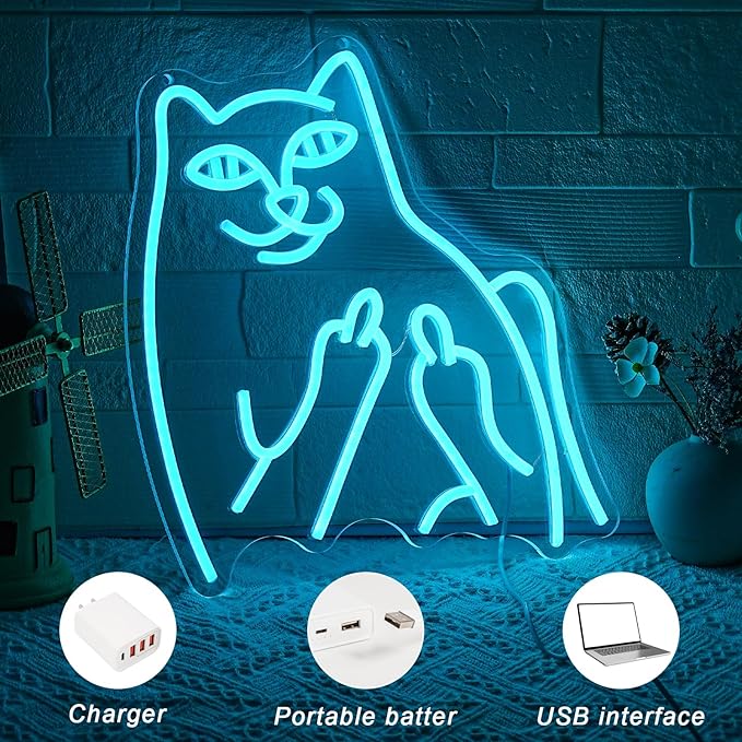 Bad Cat Neon Sign Blue Neon Cat Sign LED Sign Funny Animal Cat LED Neon Signs for Home Bar Office Living Room Bedroom Wall Decor Gift for Children Kids - Bloomnest