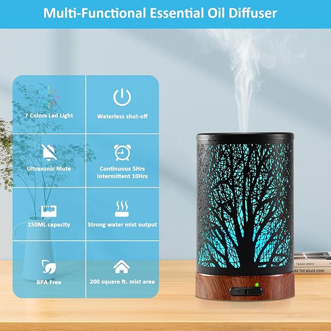 Essential Oil Diffuser - 150ML Metal Aromatherapy Diffuser for Essential Oils with 7 Colors Lights Gifts for Mom Auto Shut-Off & Ultrasonic Cool Mist Diffuser, Ambience for Home - Bloomnest