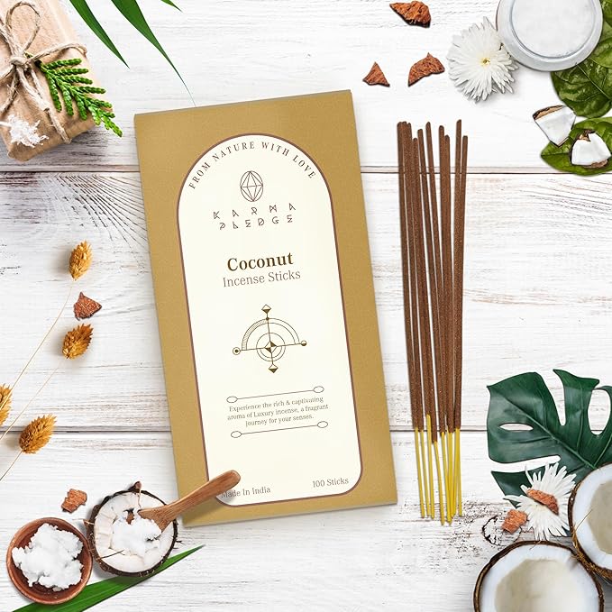 Coconut Incense Sticks, Organic Hand Dipped 100 Sticks with Natural Herbs & Aromatic Ingredients, Burn Time 45 to 60 Minutes, Incense for Positivity, Yoga, Meditation, Relaxation, Spiritual Gift KARMAPLEDGE