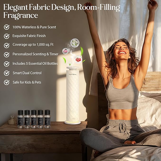 Waterless Scent Diffuser Starter Kit with 5 Oils, Luxury Hotel Style Cold Air Diffuser Oil Machine for Home, 1000 Sq Ft Coverage, Quiet Nebulizing Aromatherapy with Remote, Tower Fabric Design, Cream - Bloomnest