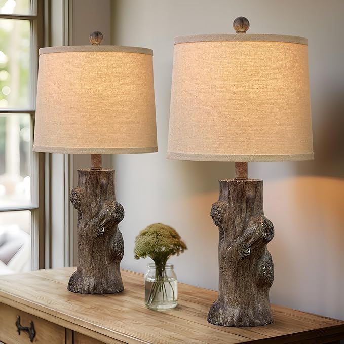 OYEARS 23"Resin Table Lamps for Living Room Set of 2 Country Cottage Farmhouse Lamp for Bedroom Tree Trunk Wood Grain with Oatmeal Fabric Round Shade Vintage Rustic Traditional Nightstand Bedside Lamp - Bloomnest