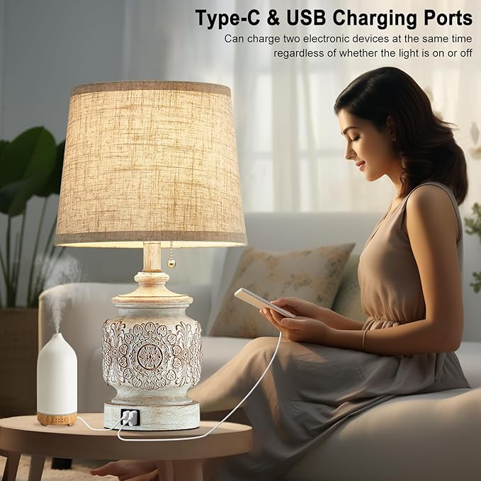 19.5" Farmhouse Vintage Table Lamps for Living Room Set of 2 Traditional Rustic Bedside Lamps for Bedrooms Nightstand with USB Ports Carved Floral Night Light Lamp for Office Decor,Pull Chain - Bloomnest