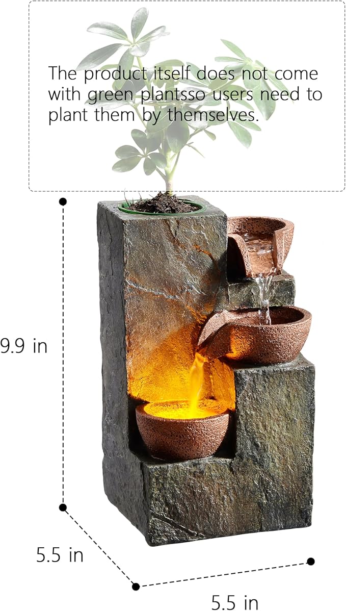 Tabletop Indoor Water Fountain – 3-Tier Rock Waterfall Fountain with Warm LED Light and DIY Planting Pot – Relaxing Small Water Feature for Desk or Home Decor (23061) - Bloomnest