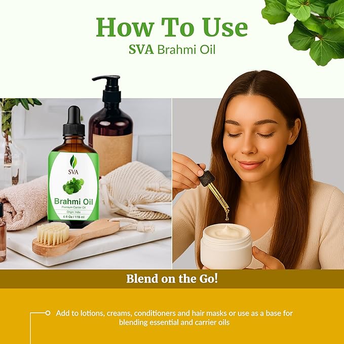 SVA Brahmi Oil - 4 Fl Oz – 100% Natural Cold Pressed Brahmi Oil - for Face, Skin Care, Hair Care, Scalp Massage & Body Massage – Carrier Oil with Dropper - Bloomnest