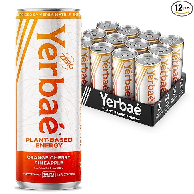 Yerbaé Energy Seltzer - Orange Cherry Pineapple No Sugar/Calories/Carbs. Energized by Yerba Mate, Naturally Caffeinated Plant-Based, Healthy Alternative to Coffee/Sugary Sodas, Pack of 12, 12oz cans - Bloomnest