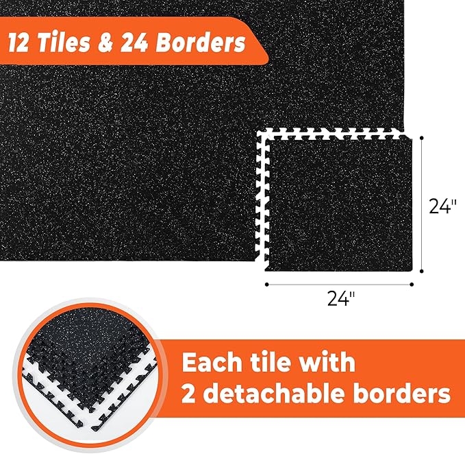 SUPERJARE 0.4'' Thick 12 Pcs 48 Sq Ft Rubber Top Exercise Equipment Mats, High Density EVA Foam Mats with Rubber Top, Interlocking Gym Flooring for Home Gym, Protective Workout Mat, Black/Grey - Bloomnest