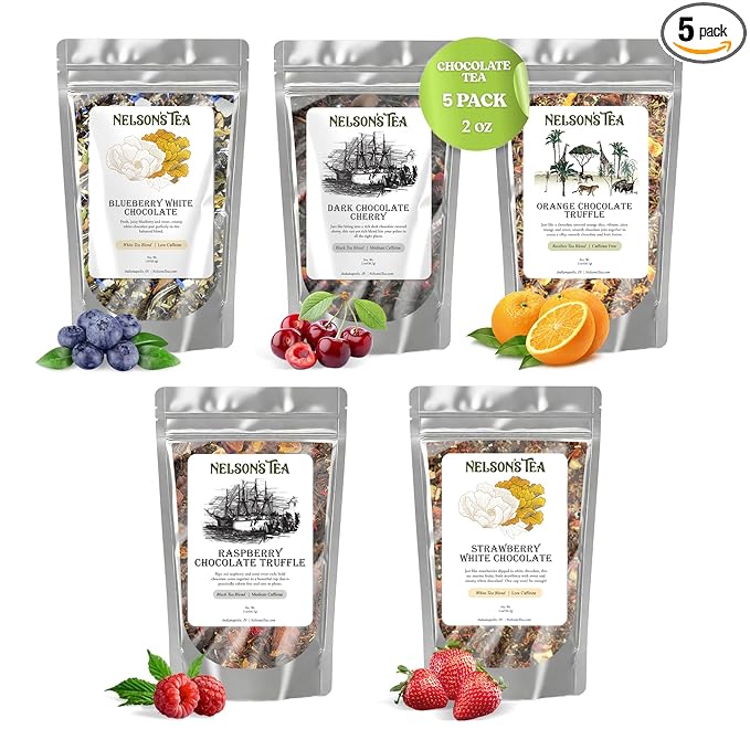 Nelson's Tea Chocolate Covered Fruit Sampler Pack Tea - Blueberry White Choc 1.6 Oz, Dark Chocolate Cherry 2 Oz, Orange Truffle Choc 2oz, Raspberry Truffle Choco 2oz, Strawberry White Choc. 2 Oz - Bloomnest