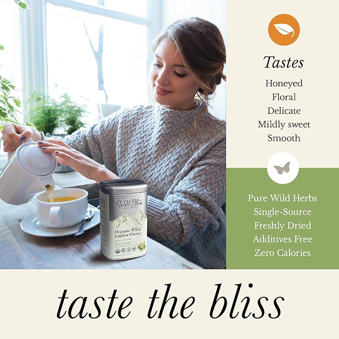 Wild Bliss Organic Linden Flower Herbal Tea - Caffeine Free Tisane - 20 Plant Based Tea Bags - Bloomnest