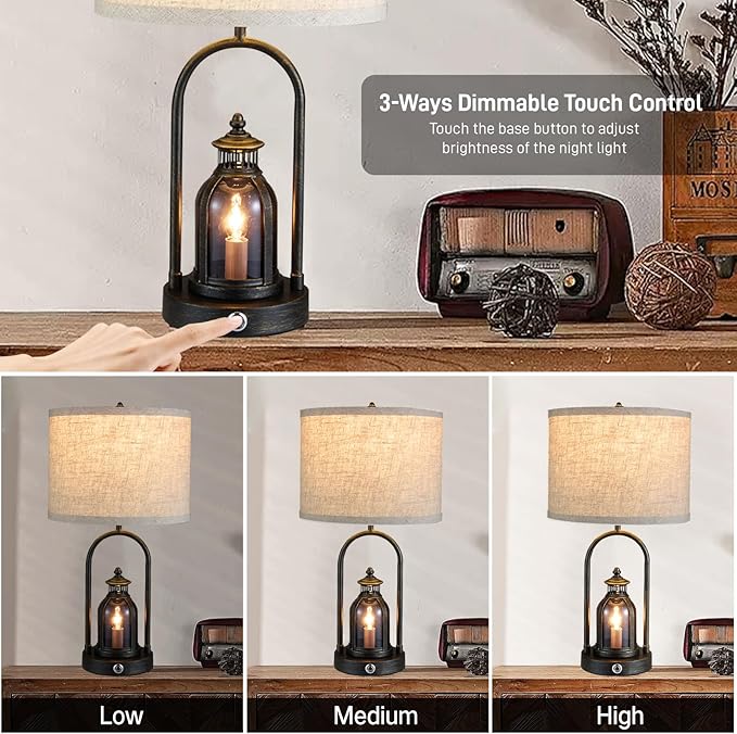 Farmhouse Lantern Table Lamps for Living Room Set of 2, Rustic Vintage Bedroom Nightstand Beside Desk Lamp with 2 USB Charging Ports,Dimmable Touch Night Light,4 Bulbs Included (Black) - Bloomnest