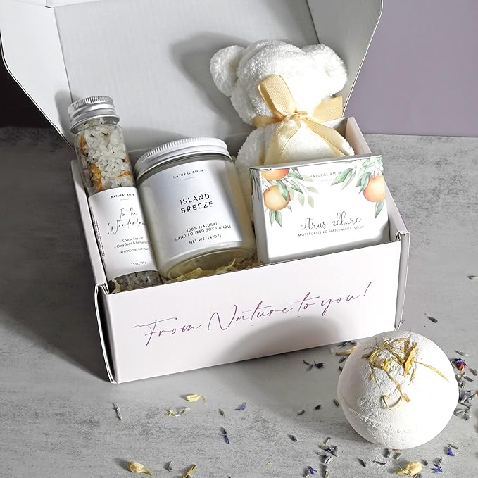 Natural Amor Handmade Spa Gifts for Women, Relaxing 5pcs Spa Gift Set for Women Including Citrus Handmade Soap Bar, Soy Candle, Bath Salt, Bath Bomb - Bloomnest