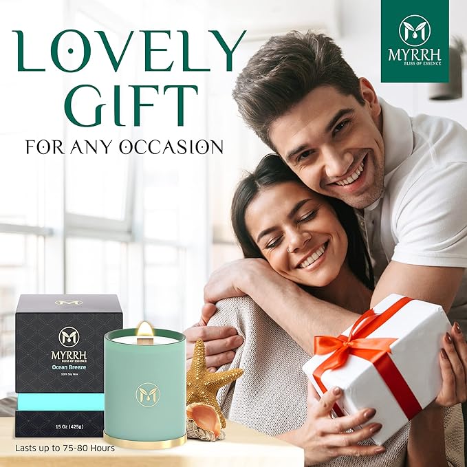 MyrrhUSA Ocean Breeze Scented Candle – 15 oz Natural Soy Wax with Crackling Wooden Wick & Essential Oils | 80 Hour Burn | Luxury Aromatherapy Candle for Relaxation, Home Décor, Living Room & Bathroom - Bloomnest