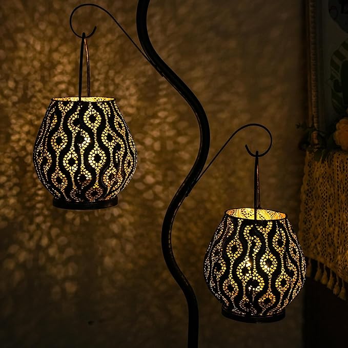 TRIROCKS Set of 2 Moroccan Decorative Lamps 8'' High Cordless Lamp Metal Table Lamps with Fairy Lights Bulb for Home Living Room Garden Yard Party Events Tabletop Indoor Outdoor(Black) - Bloomnest