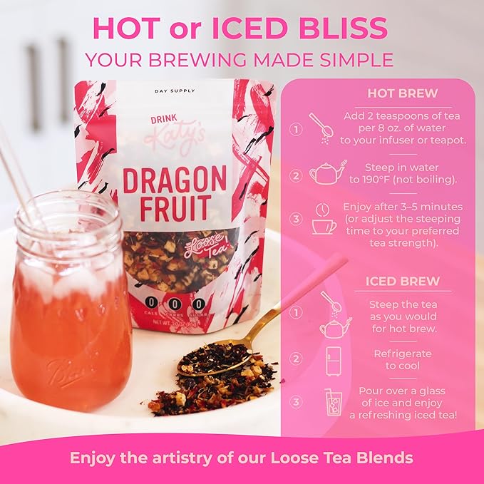 Katy’s Dragonfruit Loose Leaf Tea | Hydrating & Fruity Herbal Tea | Hibiscus, Dragonfruit & Pineapple | Caffeine-Free Fruit Tea | 30+ Cups | Hot or Iced | Antioxidant-Rich | Woman-Owned | 3oz Pouch - Bloomnest