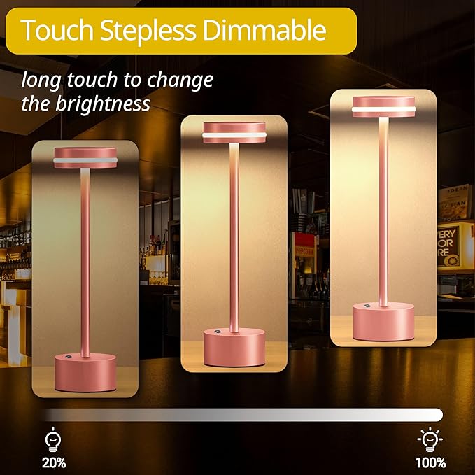 Cordless Table Lamp, Portable Rechargeable Bedside Lamp, Touch Stepless Dimmable Desk Lamp, for Home Bedroom Hotel Restaurant Bar Outdoor, 2 Set, Rose Gold - Bloomnest